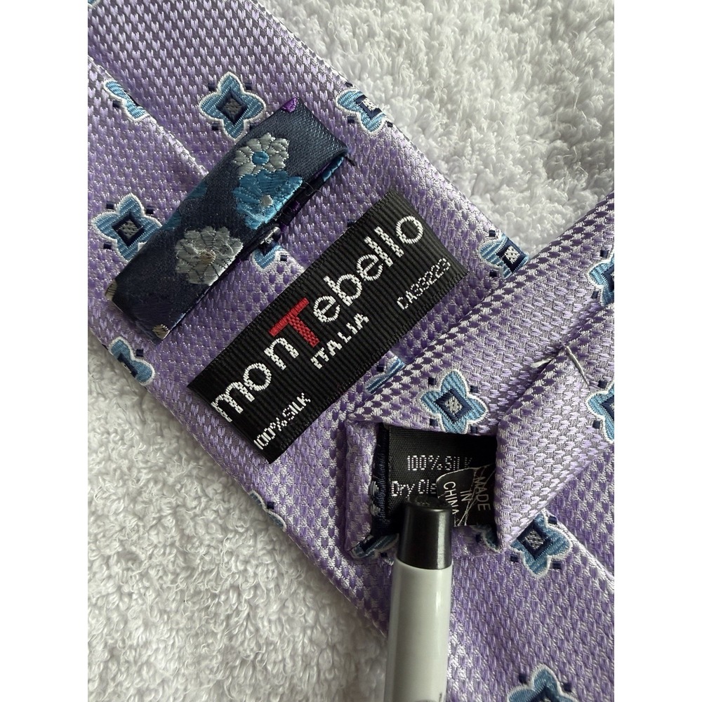 Montebello Italia	 Pink Houndstooth Blue Floral Woven Jacquard Skinny Silk Tie